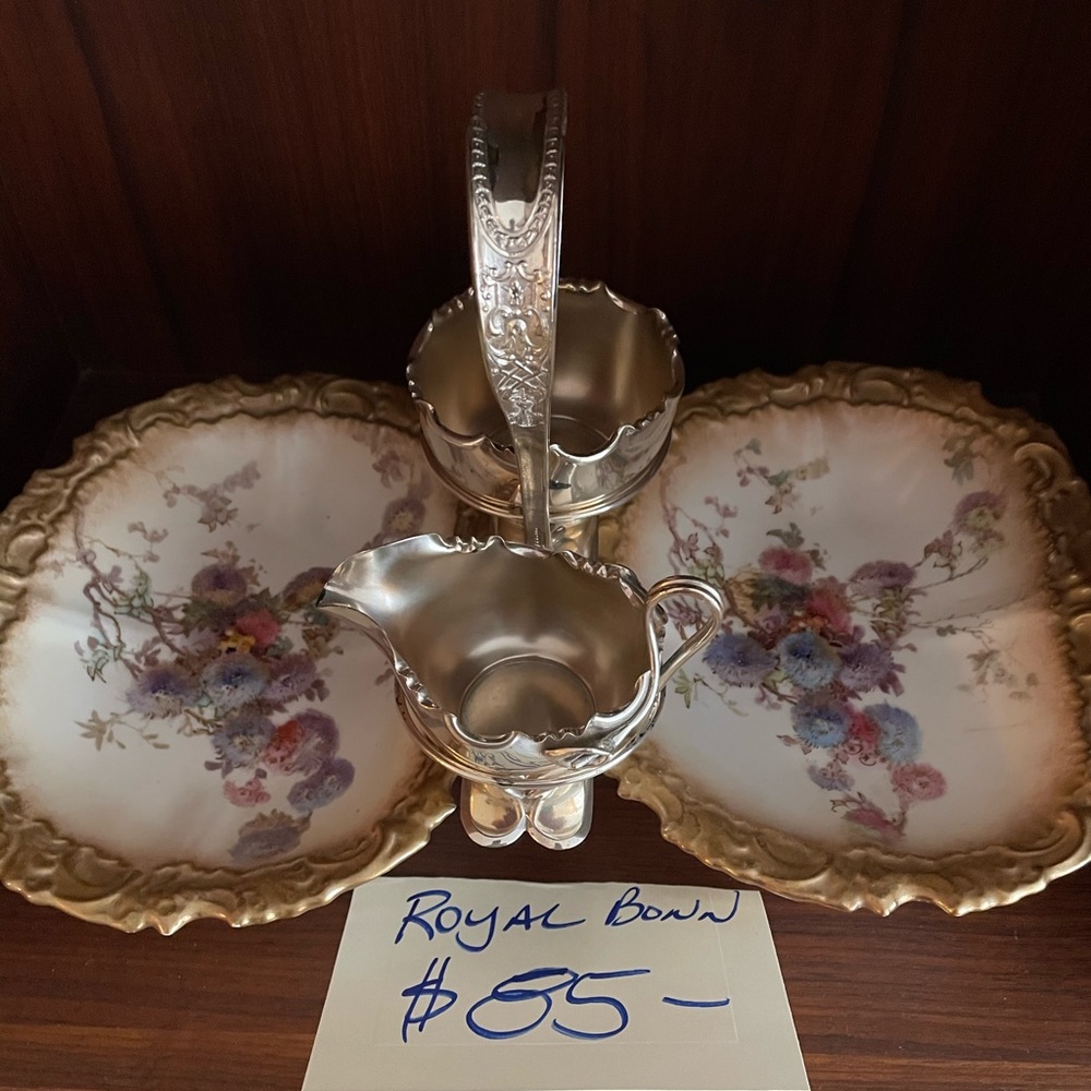 Royal Bonn Dish w/ Silver Plated Creamer and Sugar